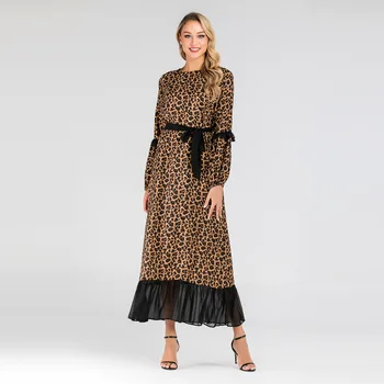 

2019 Women Muslim Abaya Dress O Neck Long Sleeve Printed Leopard Chiffon Hijab Dress Moroccan Kaftan Kimono Abaya