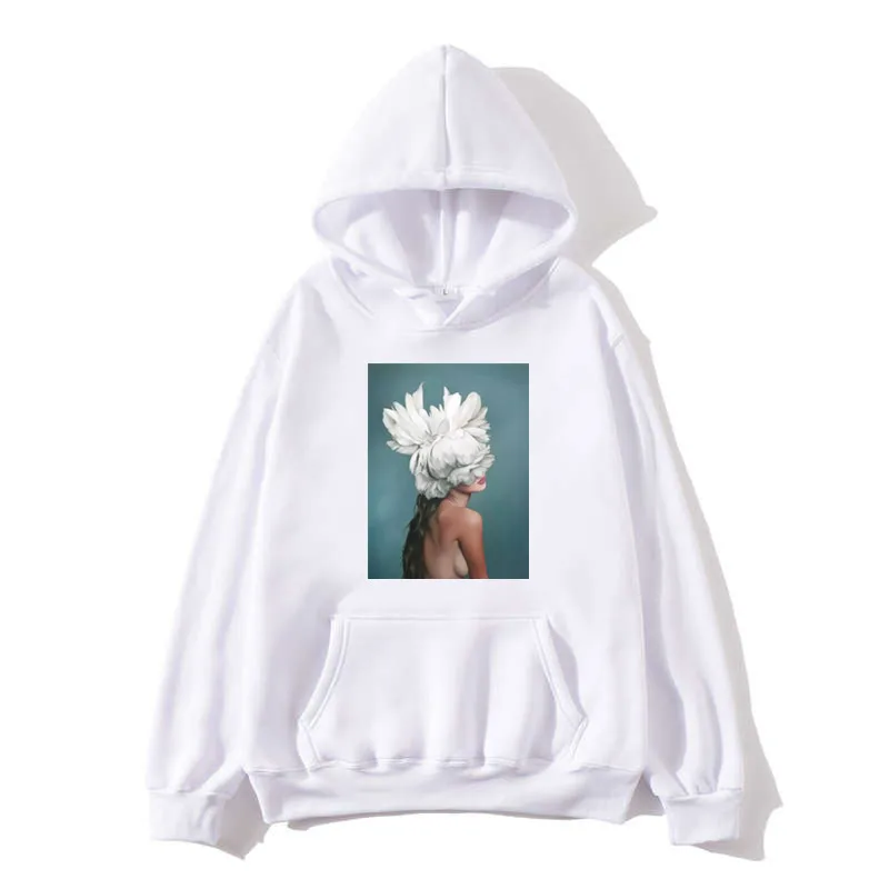 

New Cotton Harajuku Aesthetic Hoodie Sexy Flower Feather Print Long Sleeve Top & Women's Hoodie Fashion Casual Couple Hoodie