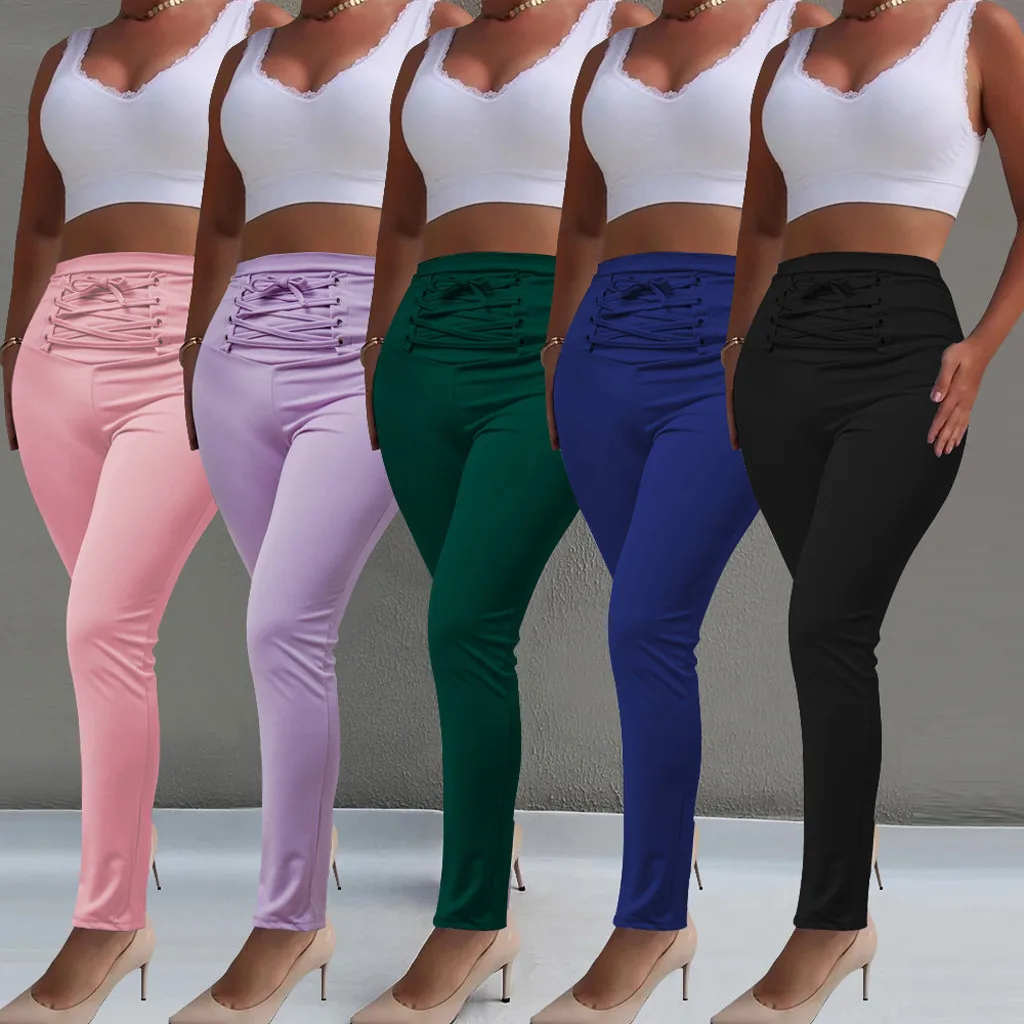 

Summer Slim Pants For Women lace up High Waist Skinny pants Cozy Tight Elastic Stretchy Trousers female office Long Pants green