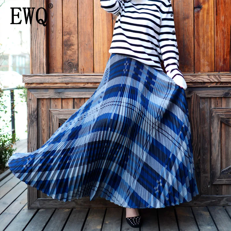 

[EWQ] 2019 summer new Beach holiday European style high waist plaid casual ladies long pleated skirt QH94117