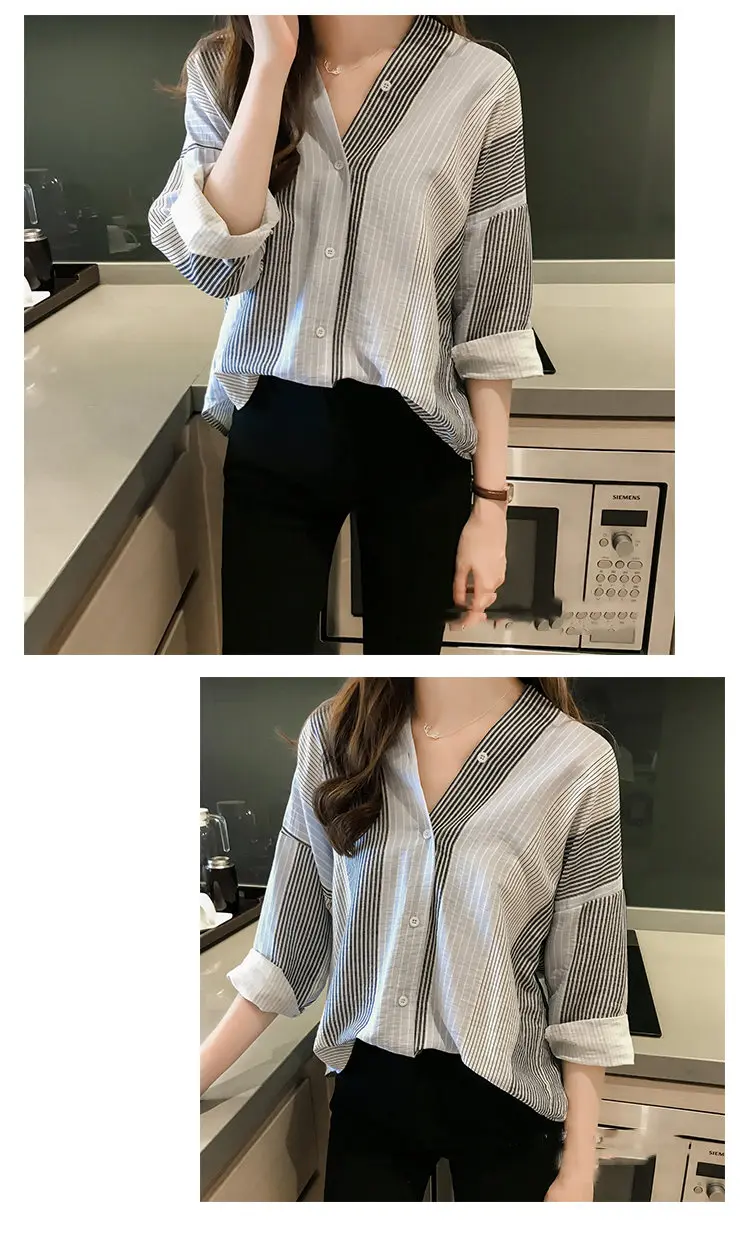2019 Autumn Women's Striped Shirts Womens Tops And Blouses Fashion Long Sleeve Shirt Plus Size V-neck Blusas Chemise Femme (5)