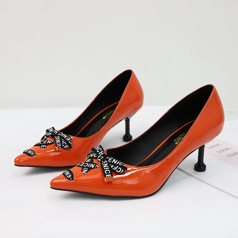 

Shoes Woman Slip on Bow Knot Pumps Fashion Shallow Slides Leather 6cm High Heels Shoes Sexy Sandalias Mujer Black White Orange
