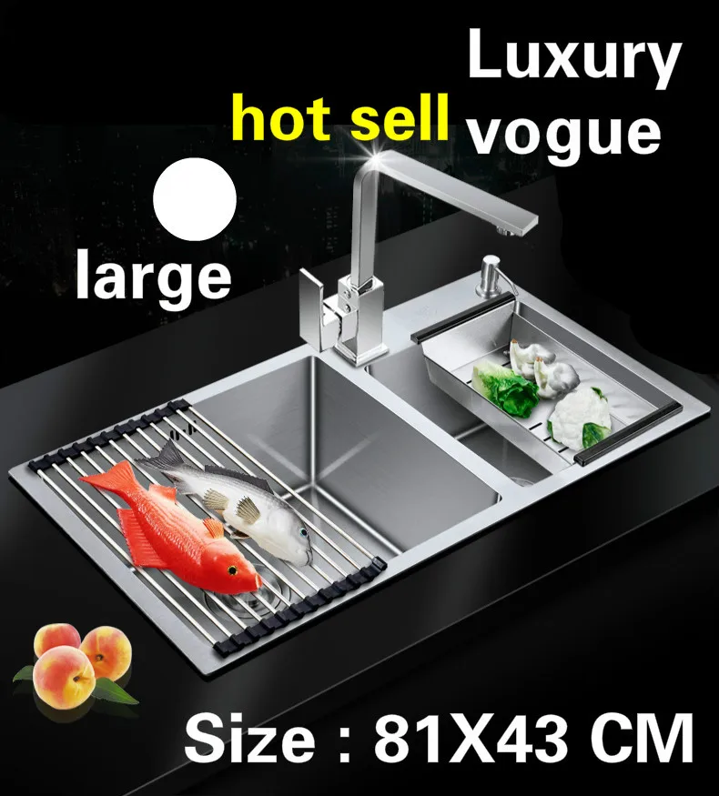 

Free shipping Apartment large kitchen manual sink double groove do the dishes 304 stainless steel hot sell 810x430 MM