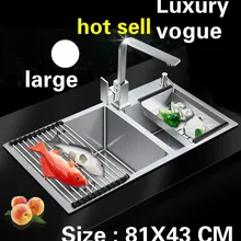 Квартира большая кухонная ручная раковина двойной паз сделать блюда 304 нержавеющая сталь Горячая 810x430 мм