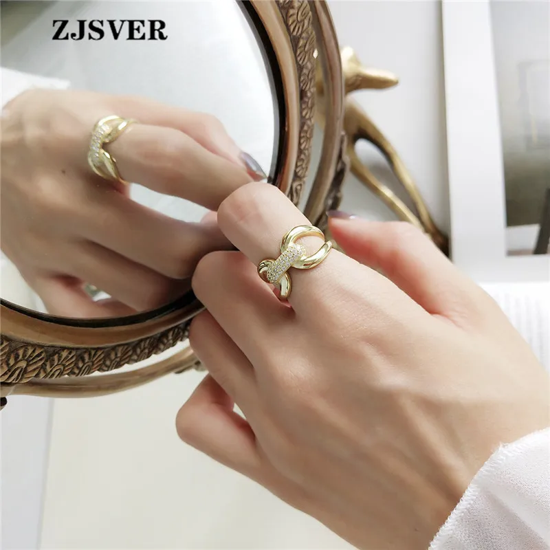 

ZJSVER Korean Jewelry 925 Sterling Silver Rings Golden Retro Geometric Crystal Inlay Adjustable Women Ring For Festival Gift