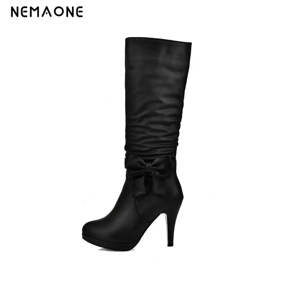 NEMAONE/Большие размеры 34-43, женские зимние сапоги до колена на тонком высоком каблуке, украшенные бантиком, сапоги на платформе с круглым носком