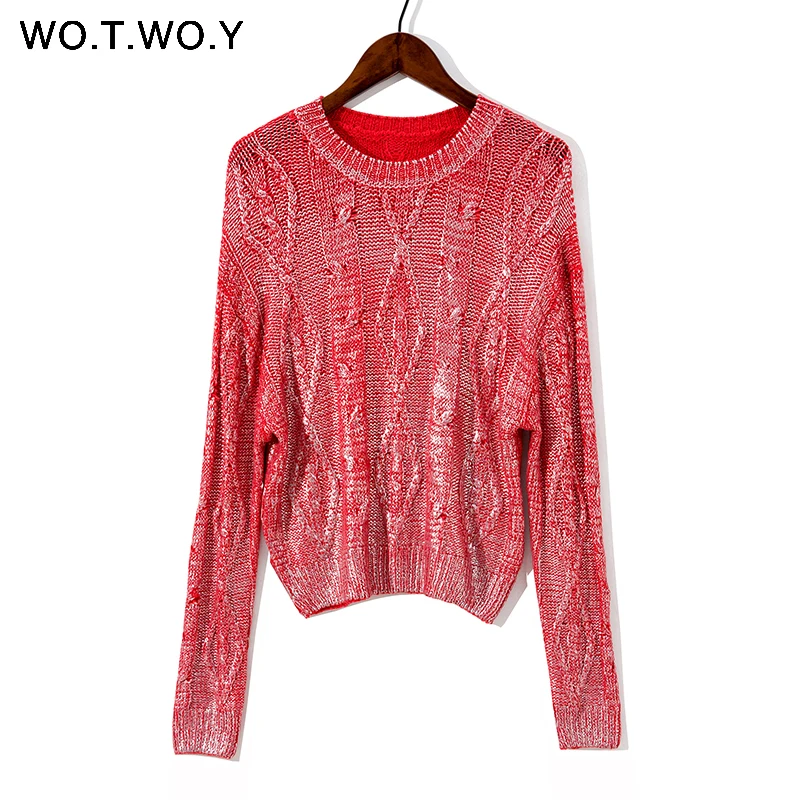 Tanie WOTWOY 2019 jesienno zimowa błyszczące złoto znaczek krzyżowana dzianina kobiety swetry Casual miękkie O Neck z długim rękawem sweter kobiet