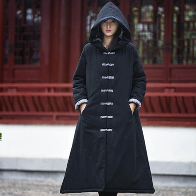 Китайский стиль Длинная зимняя женская теплая свободная Превосходная куртка новинка Оригинальное толстое длинное пальто Щука качественная куртка - Color: Black