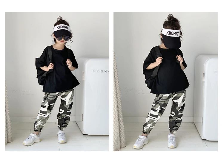 Школьные танцевальные комплекты для девочек г. Летние новые модные топы с буквенным принтом+ камуфляжные штаны комплекты из 2 предметов детская одежда в стиле хип-хоп ws734