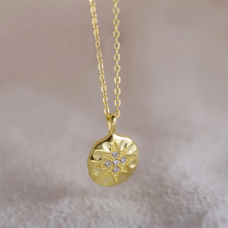 Silvology, 925 пробы, серебряное ожерелье Polaris, Круглый Циркон, креативная восьмиконечная звезда, подвеска, ожерелье для женщин, ювелирное изделие - Цвет камня: Gold