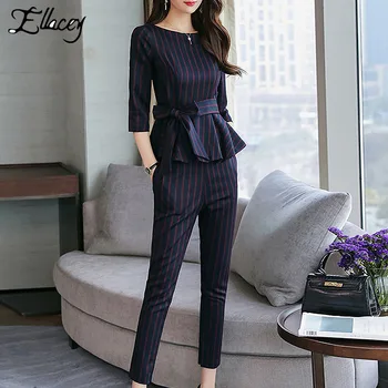 

Ellacey 2020 Spring Ruffles Two Piece Outfits Striped Women's Tracksuits Top and Pants Suits Ladies Pencil Pants 2 Pieces Set