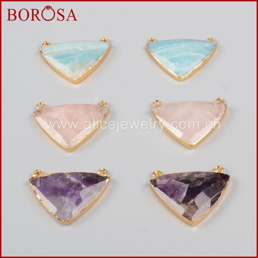 

BOROSA Fashion Gold Color Triangle Natural Druzy Multi-Kind Faceted Stones Connector Double Bails G0944