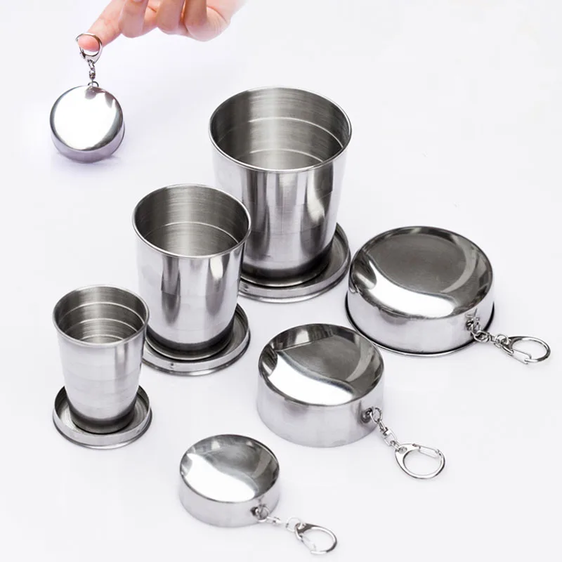 Camping Mug Folding Cup With Keychain Stainless Steel Traveling Outdoor Bottel Telescopic Collapsible Cups Supplies Top Selling