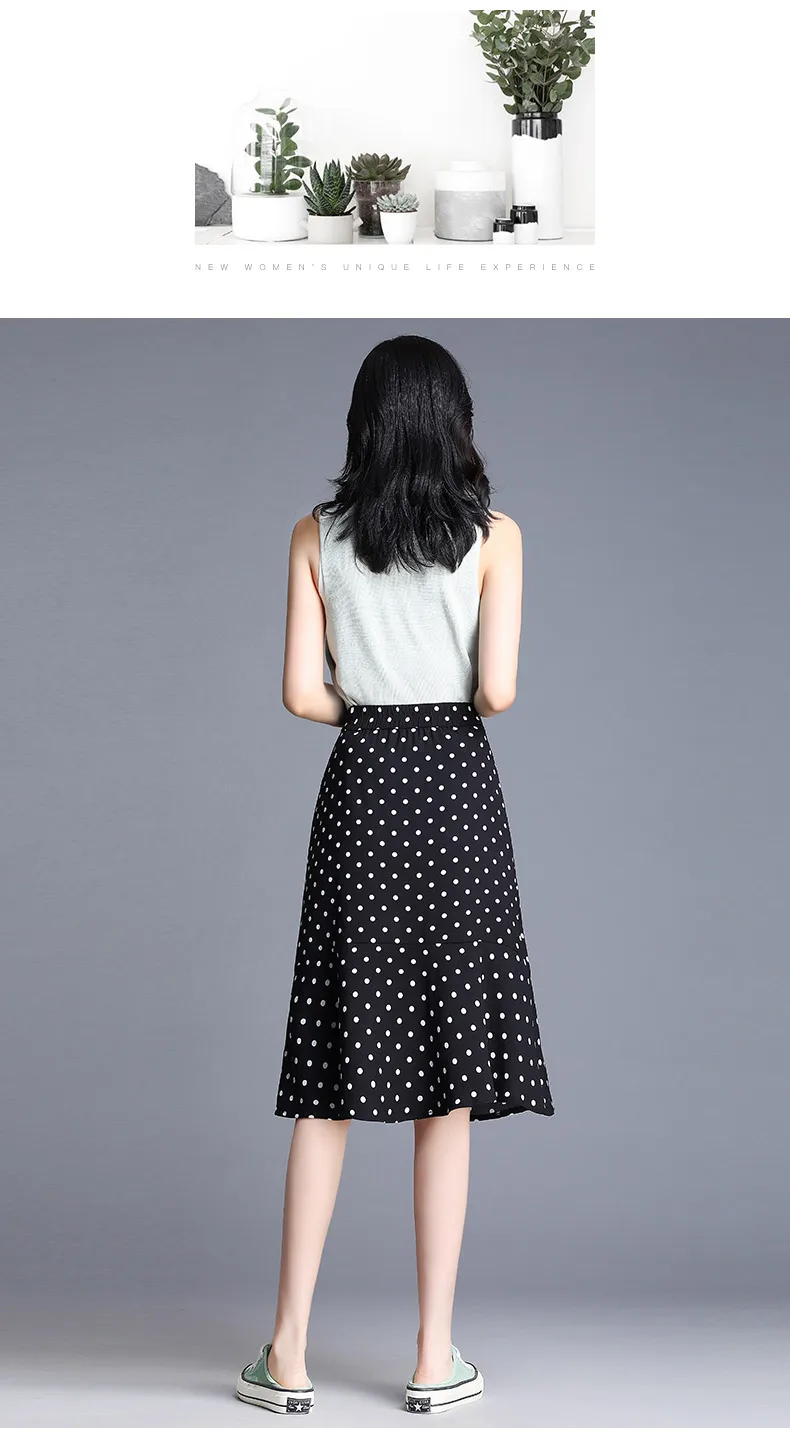 Летняя юбка корейское платье-карандаш плиссированная юбка средняя длинная юбка-Русалка размера плюс белый черный красный горошек шифоновые юбки для женщин