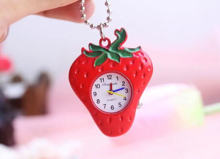 Fashion red Cute Strawberry Pocket Watch Necklace Women Girl Watches