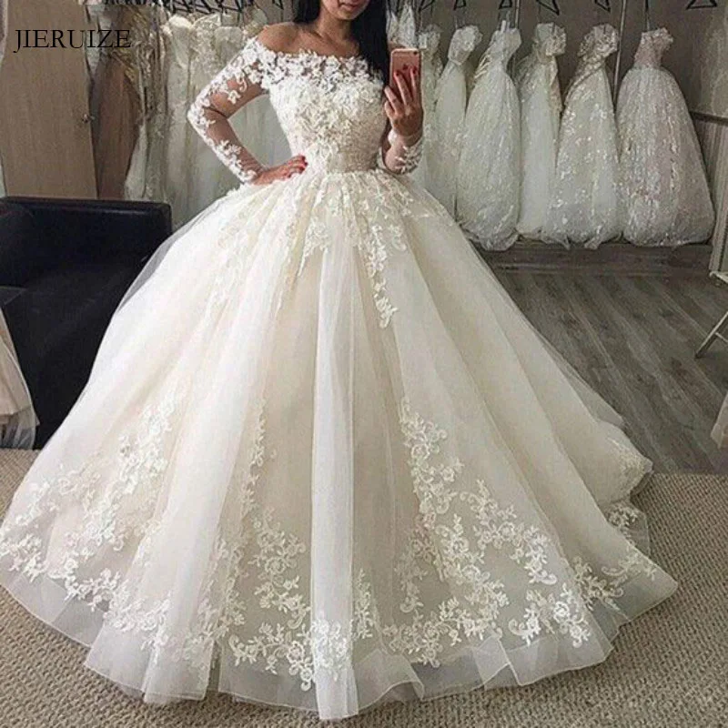 JIERUIZE белое кружевное платье с аппликацией и открытыми плечами; бальное платье; свадебные платья с длинными рукавами; свадебное платье принцессы; robe mariage