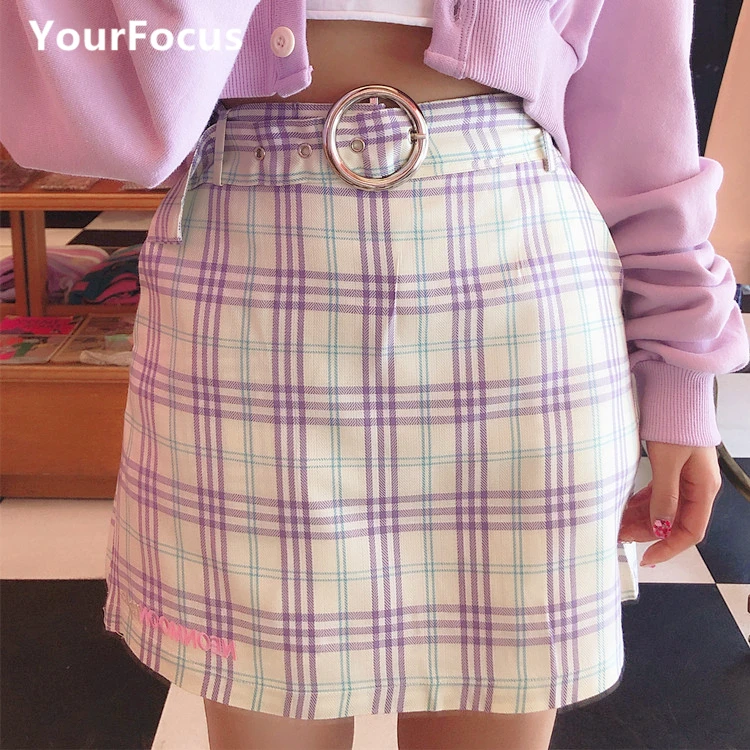 

2 colors cute sweet kpop korean streetwear skirt moon embroidery blue and pink plaid skirt mini short high waist skirt women