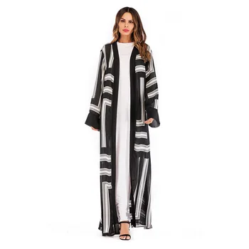 

Turkish Dresses Elegant Adult Muslim Abaya Arab Stripe Cardigan Black and White Dubai Islamic Dress with Belt 1666