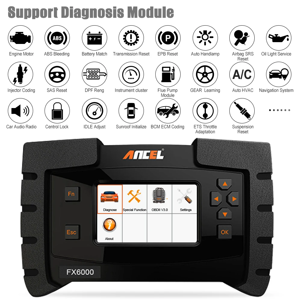 ANCEL FX6000 OBD2 сканер полная система автомобильный считыватель кодов OBDII ABS SRS DPF IMMO ECU