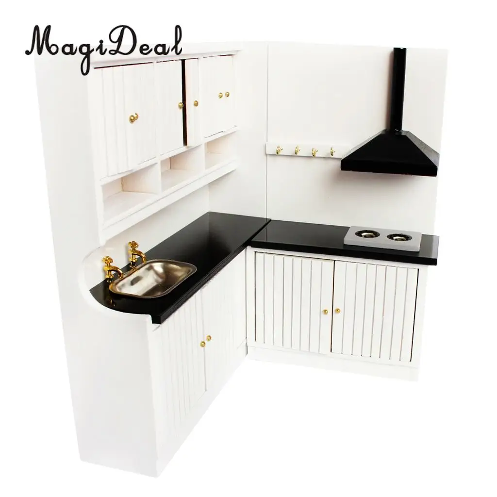 Modern Kitchen Set Wooden Furniture Model Kit for 1:12 Dollhouse Miniature Decoration