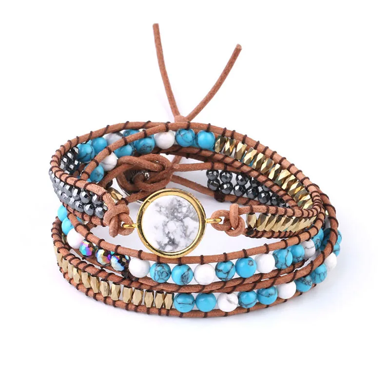 Дизайн синий белый браслет из бисера 3X wrap кожаный браслет винтажный Boho кожаный браслет для женщин дропшиппинг