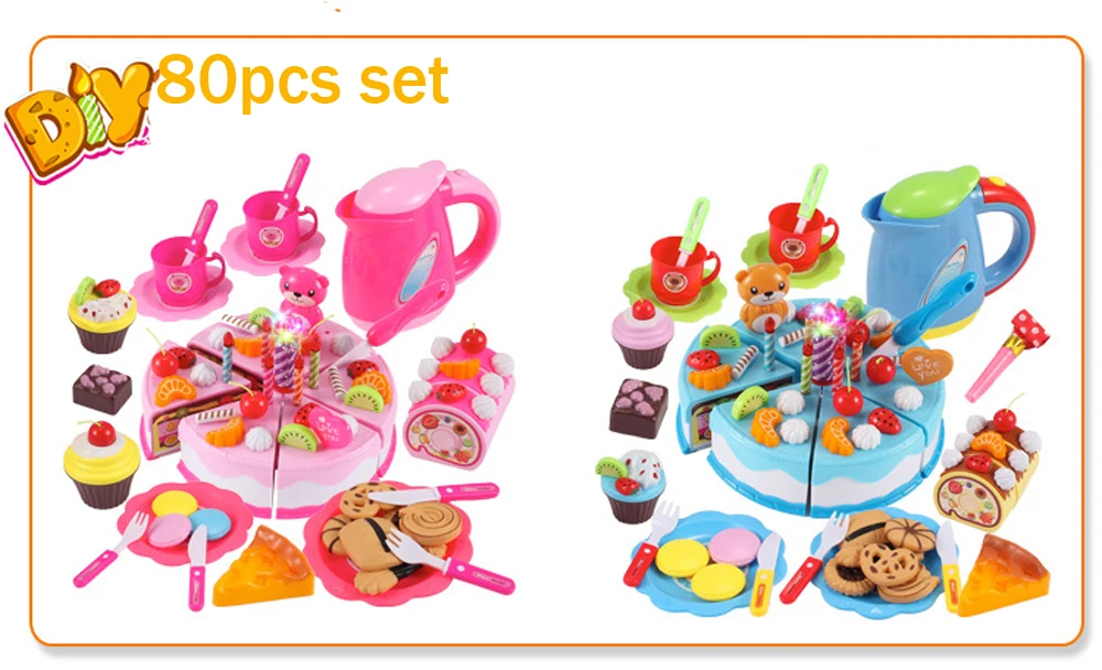 80 шт. кухонные игрушки, ролевые игры, режущий торт на день рождения, пищевая игрушка, кухня для детей, Cocina De Juguete, пластиковый игровой чайный набор для еды