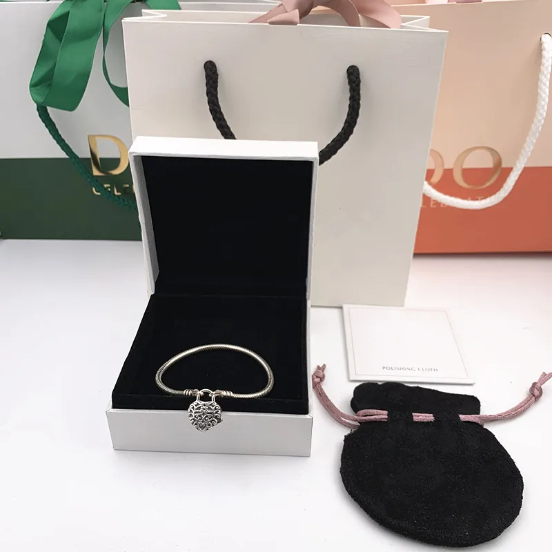 

2019 High quality logo Engraving S925 Silver Charms dangle heart bracelet pandoras Bangle women Smooth Clasp,1pz