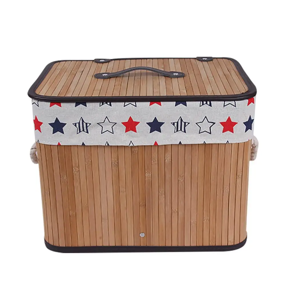 Бамбуковая тканая корзина для белья, натуральная большая покрытая корзина для хранения одежды, переносная домашняя ткань, художественные продукты, игрушки, отделочная коробка - Цвет: Star lining