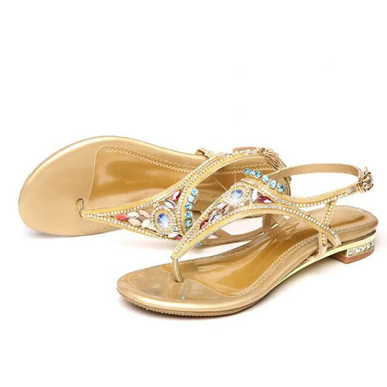 BEYARNE New Genuine Leather Rhinestone Gold Buckle Fashion Mid Heel Summer Shoes Girl Female Lady Women Sandals - Цвет: gold  1