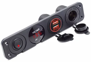 

4 panel Dual USB Socket Charger 2.1A LED Voltmeter 12V Power Outlet ON-OFF Toggle Switch Panel for Car Boat Marine RV(Red)
