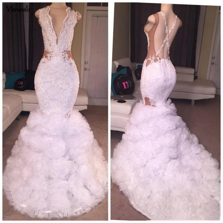 

Sexy Designer White Mermaid Prom Dresses 2018 Plunging V Neck Puffy Skirt Lace Applique Criss Cross Backless Long Party Gowns