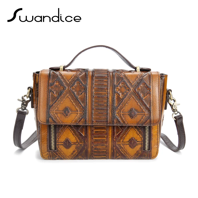 

Brush Off Genuine Cow Leather Vintage Embossed National Style Handbags Crossbody Messenger Shoulder Bags Women Bohemia Casual