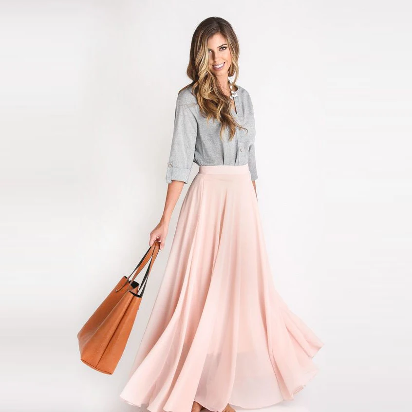 Летняя стильная юбка макси, изготовленная на заказ, высокая уличная мода, розовая шифоновая длинная юбка, Faldas Jupe Saias, любой цвет