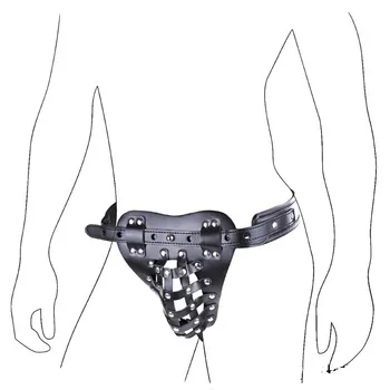 Black Studded Leather Lockable Male Crotch Cage Chastity Harness Underwear Thong G-String Fetish Costume Lingerie