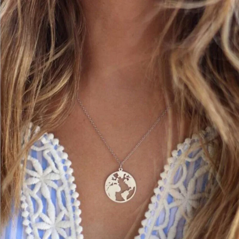 

Bohemia Personality Word Map Round Pendant Chains Necklaces For Women Female Short Chains Collares Party Jewelry Nice Gift NB106
