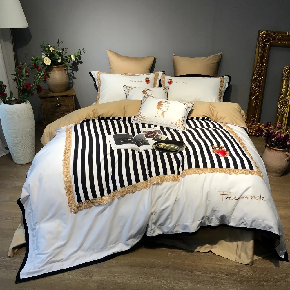 4 6pcs Fresh Classical Black And White Striped Duvet Cover Set 60s