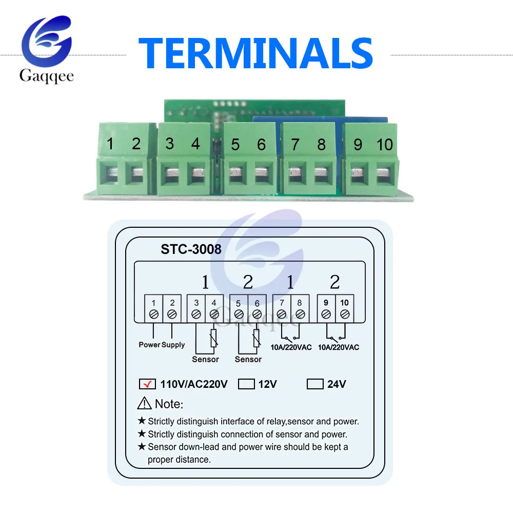 STC-3008, двойной цифровой регулятор температуры, два релейных выхода, термостат с датчиком, DC12V, 24 В, AC110-220V, домашний холодильник, прохладное тепло