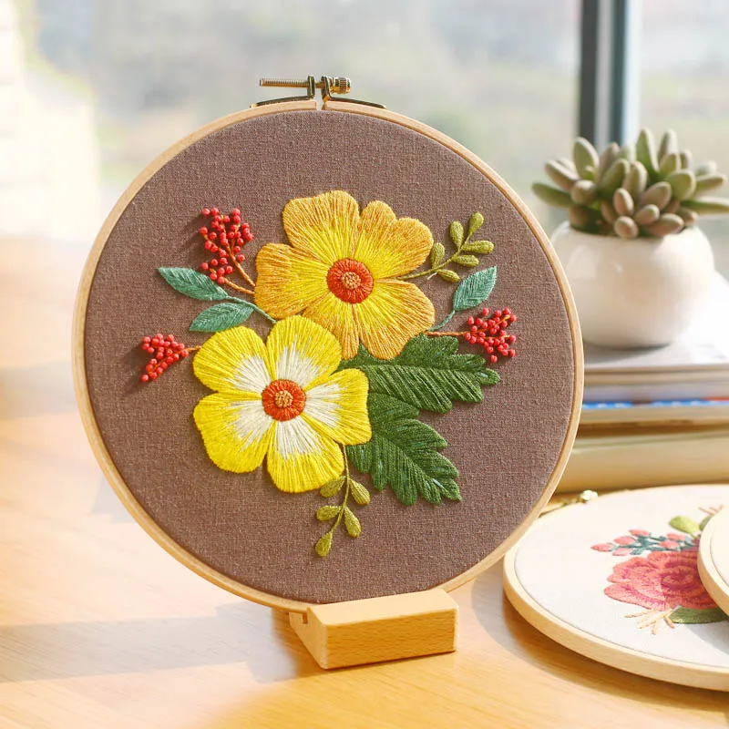 

DIY Chinese Flower Embroidery Kit with Hoop Printed Flower Needlework Cross-Stitching Set Swing Art Craft Wall Home Decor