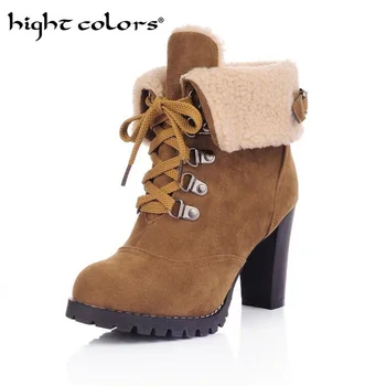 

Plus Size Ankle Boots Women Platform High Heels Lace Up Buckle Strap Shoes Thick Heel Short Boot Ladies Footwear Yellow Purple