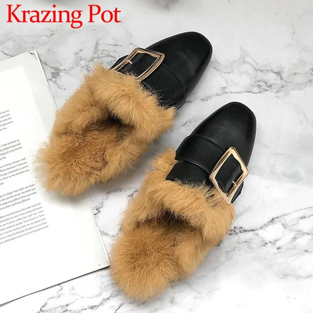 

2018 hot sale winter warmful mules slip on genuine leather buckle belt luxury rabbit fur square toe slingback fashion shoes L11