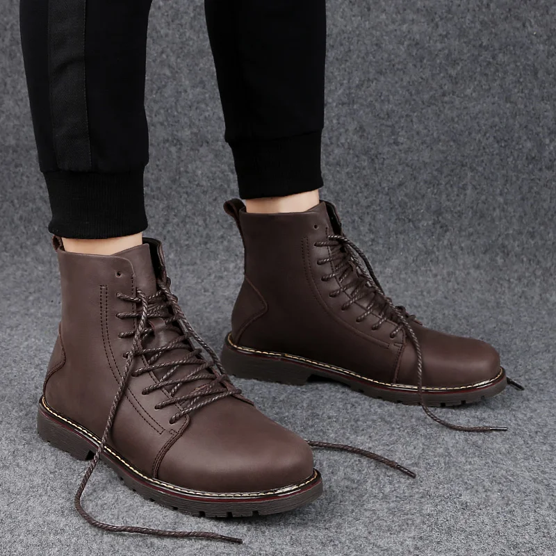 Botas 38 Black 47 Rendas Até Neve Tornozelo Tamanho De Quentes Qualidade Genuíno Moda Homens Martin Alta Dos Couro Mais Pelúcia Inverno brown XUxqR