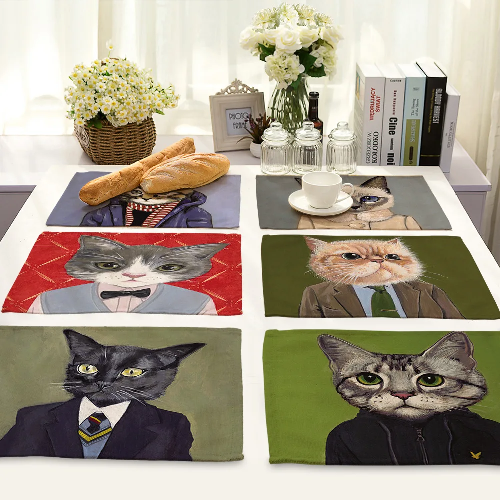

Cartoon Animal Cat Table Mat Rectangle Cotton Linen Placemat for Dining Table Home Kitchen Decoration Accessories Table Coaster
