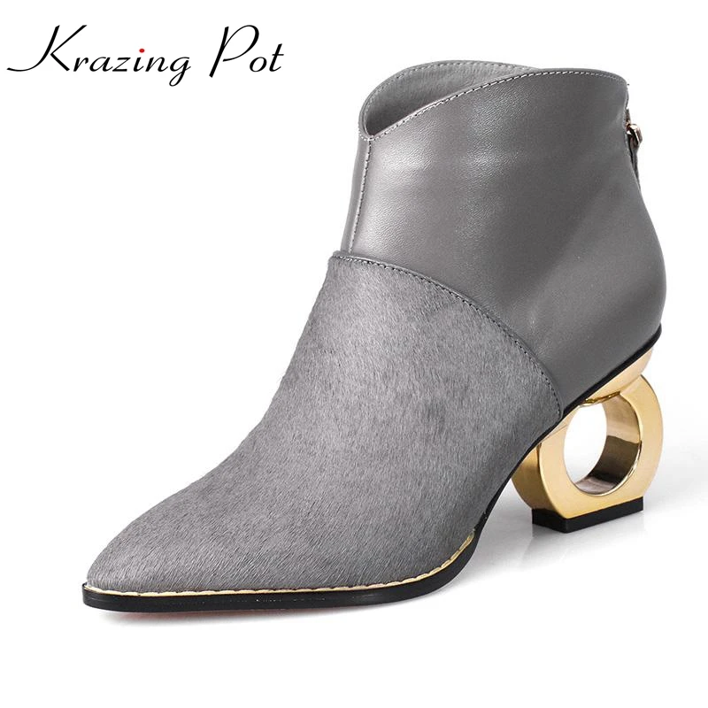 Zapatos de marca de moda de invierno de metal estilo extraño leatherrunway med talón dedo del pie acentuado genuino del pelo del caballo botas de moto estilo L22