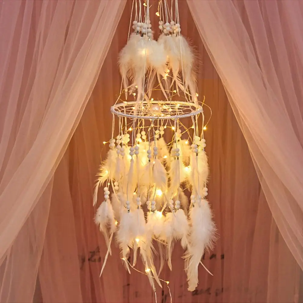 

White Fluffy Lantern Feather Pendant Double layered Geather Lantern Ornaments Crystal Fluffy Lanterns Light Dream Catcher Hanger
