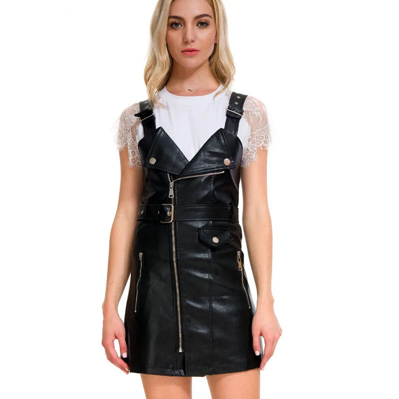 

Fashion leather dress Women Soft PU Faux Leather Dress 2019 new strap V-neck Sexy Slim Short belt Mini Dress vestidos