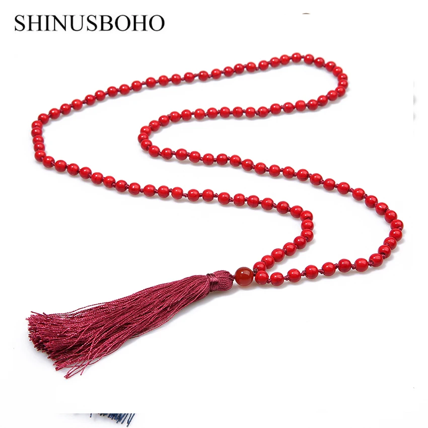 SHINUS BOHO Natural Stone Beads Long Necklace Classic Nepal Bead Tassel Hand Knotted for Women Yoga Meditation Jewelry | Украшения и