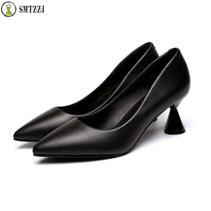 

SMTZZJ New Fashion Women Leather Office Work Lady Shoes Black Best Quality Spike Pumps 5 cm High Heels Pointed ladies pump