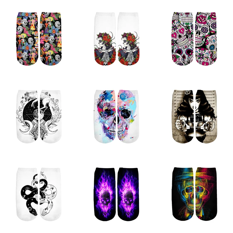 

PLstar Cosmos funny Gothic Skull Socks Summer Fashion 3D Cotton Socks Colorful Warm Short Ankle Socks women socks high quality-4