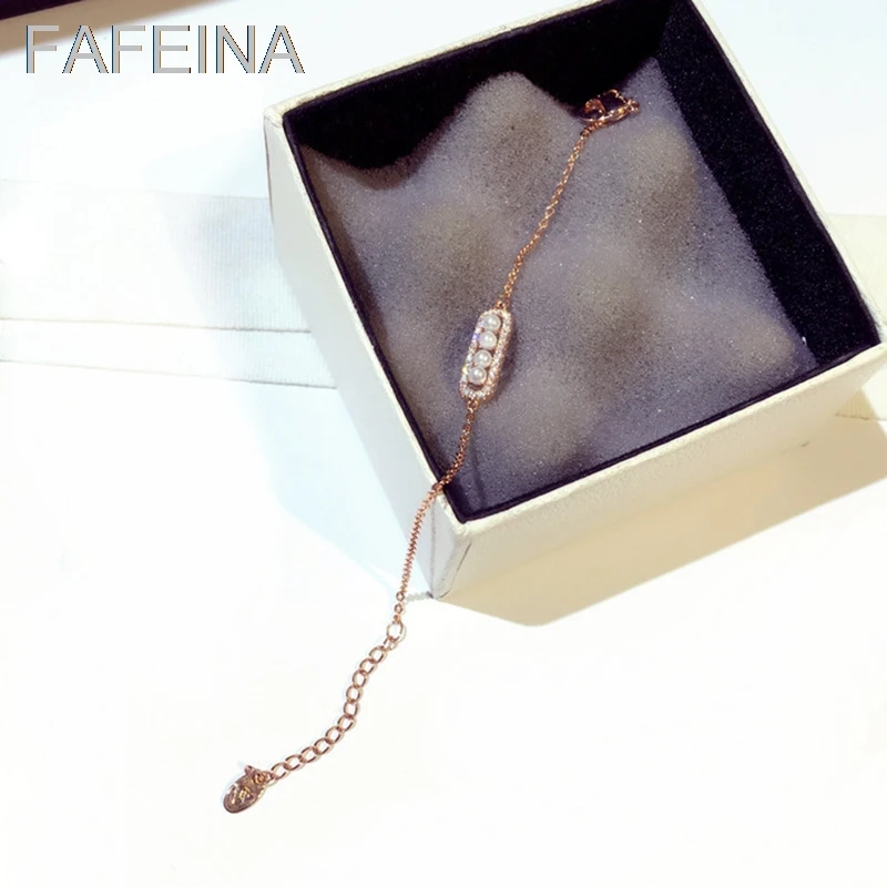 

FAFEINA New Charm Bracelets Women Bracelets & Bangle Silver & Rose Gold Color Simulated Pearl Rhinestone Link Chain Bracelets