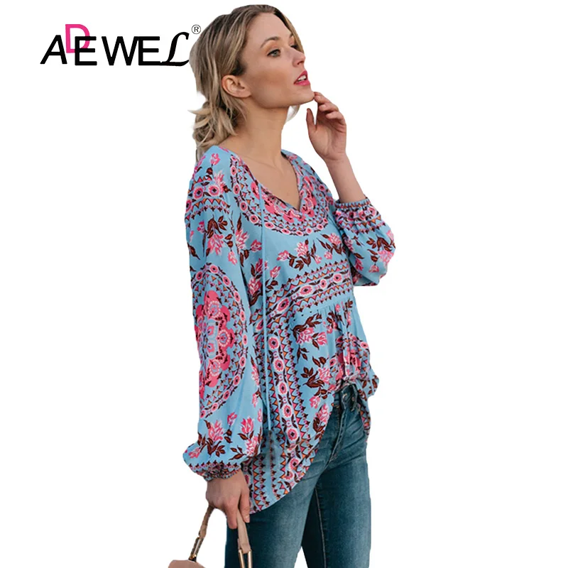 ADEWEL Casual Autumn Women Bohemian Print Blouse Sexy Three Quarter Sleeve V-neck Tops Blusas Plus size Female Blouses S-XXL